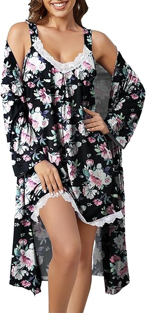 Women's Robes Set Sexy V-Neck 2 Piece Lingerie Nightgown With Robes Pajama Set Lace Cami Sleepwear