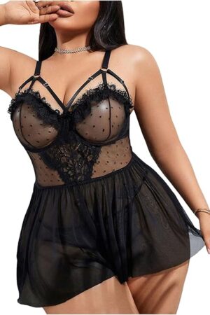 Women's Plus Size 2 Piece Lingerie Set Sheer Mesh Lace Cut Out Babydoll Nightwear