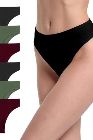 6 Pack Women's Ribbed Cotton Thongs High Waist Seamless Panties Plus Size High Rise No Show Underwear