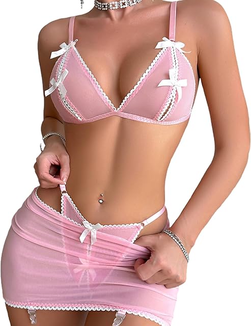 Women's 3-Piece Sexy Bow Mesh Lingerie Set Cutout Bra Sheer Mini Skirt Thong for Bedroom Honeymoon Party Date