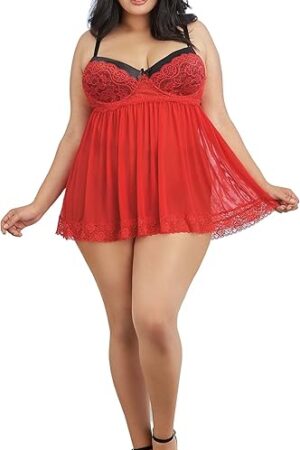 Women's Plus Size Flirty Mesh and Lace Babydoll with Matching G-string