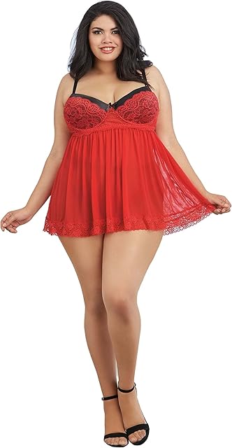 Women's Plus Size Flirty Mesh and Lace Babydoll with Matching G-string