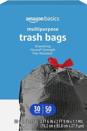 Amazon Basics Flextra Multipurpose Drawstring Trash Bags, 30 Gallon, 50 Count