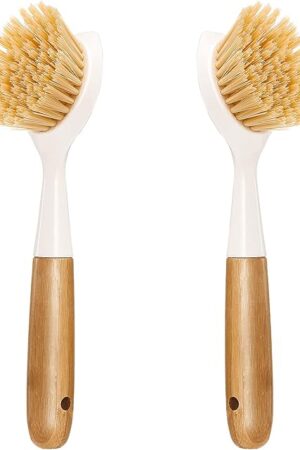 2 Pack Kitchen Dish Brush Bamboo Handle Dish Scrubber Built-in Scraper, Scrub Brush for Pans, Pots, Kitchen Sink Cleaning, Dishwashing and Cleaning Brushes are Perfect Cleaning Tools, White