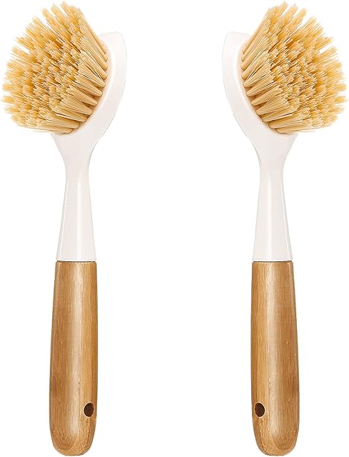 2 Pack Kitchen Dish Brush Bamboo Handle Dish Scrubber Built-in Scraper, Scrub Brush for Pans, Pots, Kitchen Sink Cleaning, Dishwashing and Cleaning Brushes are Perfect Cleaning Tools, White