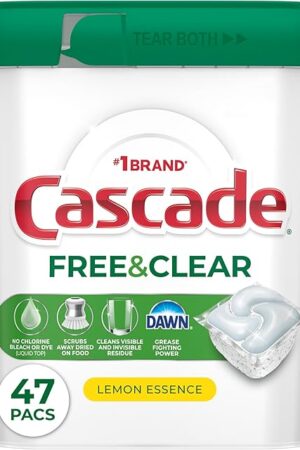 Cascade Free & Clear Dishwasher Pods, Dishwasher Detergent, Dish Detergent Soap, Lemon Essence, 47 Count