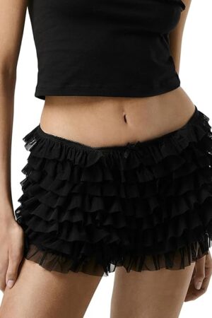 Women Lace Bloomer Shorts Y2K Sexy Low Rise Ruffle Lolita Pettipants Layered Pumpkin Pants Ruched Mini Booty Shorts