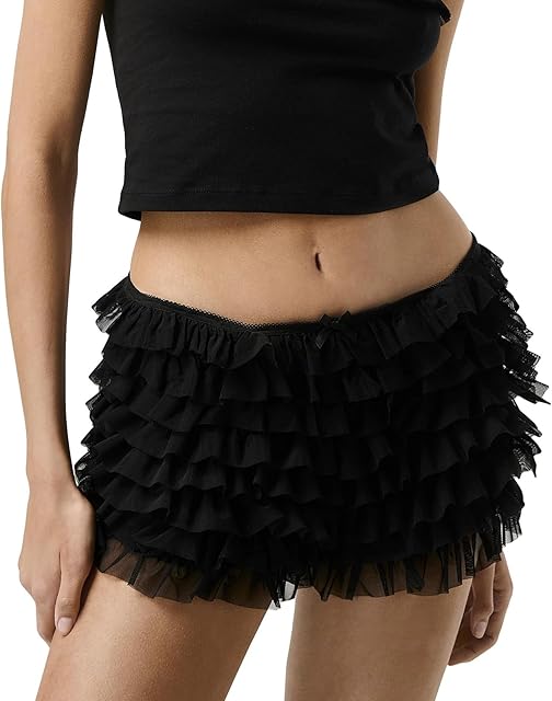 Women Lace Bloomer Shorts Y2K Sexy Low Rise Ruffle Lolita Pettipants Layered Pumpkin Pants Ruched Mini Booty Shorts