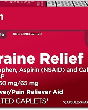 Amazon Basic Care Migraine Relief, Acetaminophen, Aspirin (NSAID) and Caffeine Tablets, Headache Pain Reliever/Pain Reliever Aid, 200 Count