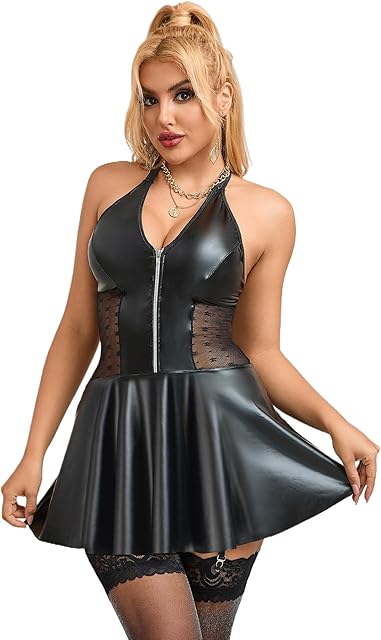 Women's Plus Size PU Leather Lingerie Set Backless Babydoll Clubwear with V-Neck Sexy Mini Dress with Zipper