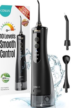 COSLUS Cordless Water Flosser & Dental Pick for Teeth, Braces, Gums Care - Advanced 10 Pressure Settings for Multiple Users, Rechargeable, Portable for Travel, BPA-Free, Black, E40(WFP14)