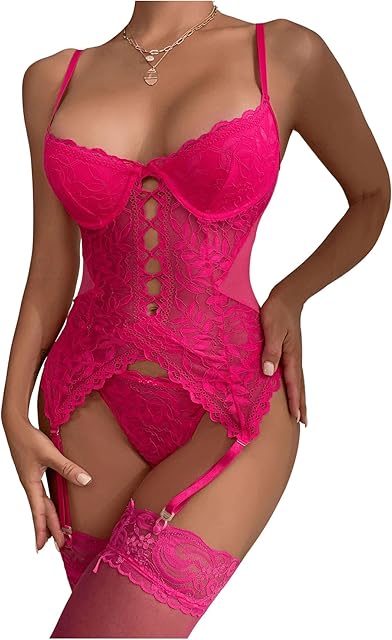 Women's 4 Piece Floral Lace Spaghetti Strap Underwire Garter Lingerie Set with Stocking
