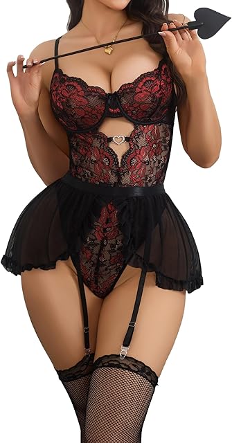 Women Lingerie with Garter Belt 4pcs Set Lace Contrast Mesh Bodysuit Ruffle Garter Belt Skirt 2 Pairs Stockings