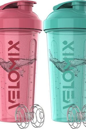 -2 Pack- 28 oz Protein Shaker Bottles for Protein Mixes - 2x Wire Whisk | Leak Proof Shaker Cups for Protein Shakes | Protein Shaker Bottle Pack (Pink/Turquoise)