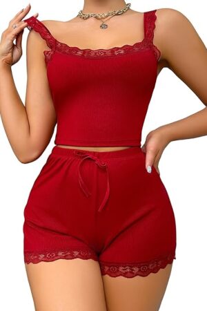 Women's Sexy Pyjama Set Lace Trim Cami Top Shorts Set Sleepwear Spaghetti Strap Lounge PJ Set Nightwear