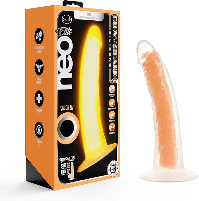 Blush Sex Toys - Neo Elite Glow in The Dark Silicone Anal Dildo 7.5 Inch - Dual Density Lifelike Penis with Suction Cup for Beginners - G Spot Vaginal Play Adult Toy for Women & Couples - Neon Orange