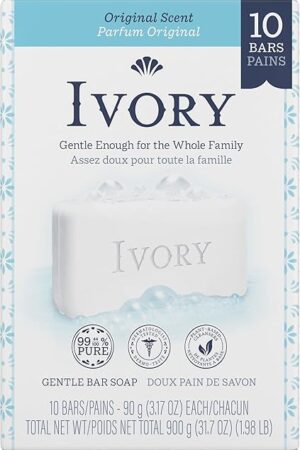 Ivory Gentle Bath Bar Soap, Family Pack, Designed for Whole Family, 9944% Pure Formula, Plant-Based Cleansers, Made Without Heavy Perfumes, Parabens or Phthalates, Original Scent, 317 oz (10 Count)