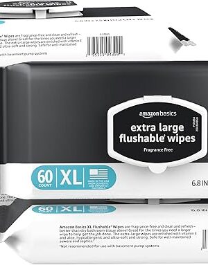 Amazon Basics Extra Large Flushable Wipes, 360 wipes (6 packs of 60), Adult Wet Wipes and Resealable closure