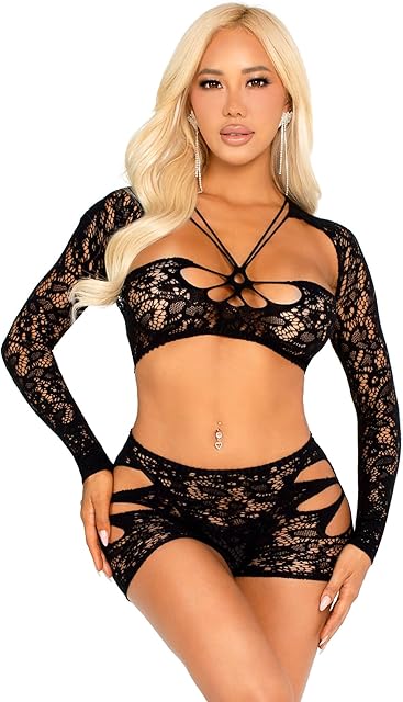 Womens 2 Piece Lingerie Set for Women with Cut-Out Lace Bra Top, Attached Shrug, and Sexy Boy Shorts, Black, One Size