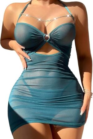 Women's Sexy Lingerie Set with Thong Mesh Lace Sheer Babydoll Dress Halter V Neck Chemise Nightgown