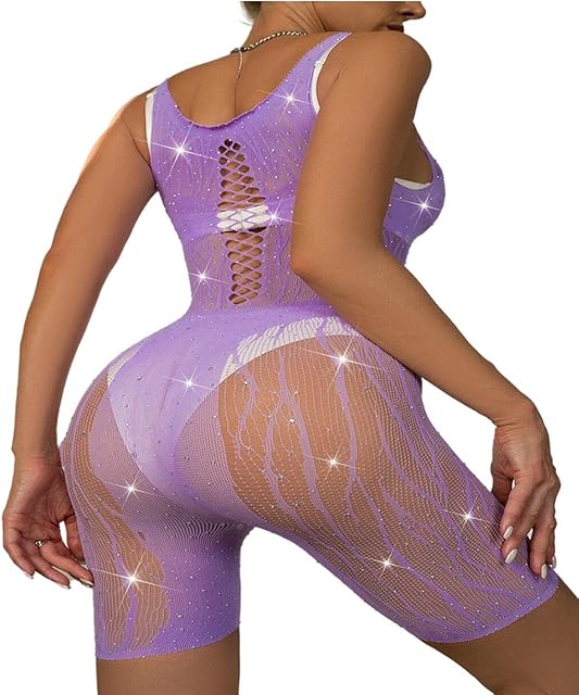 Women's Sexy Rhinestone Fishnet See Through Lace Mini Dress Jumpsuits Clubwear Cut Out Bodysuit Straps Sheer