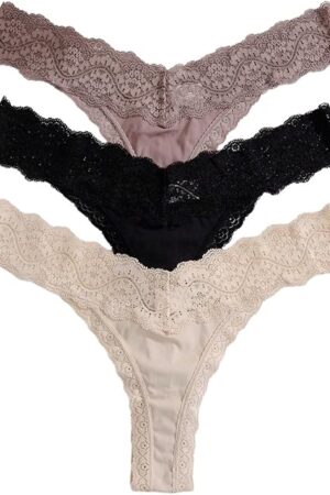 Women's 3 Pack Bow Underwear Lace G Sring Thongs Low Rise Cheeky Panties Set