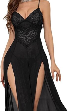 Women's Sexy High Side Split Nightgowns Sheer Dress Sexy Deep V Lace Mesh Dress Lingerie Babystocking Sleepwear