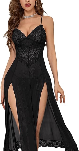 Women's Sexy High Side Split Nightgowns Sheer Dress Sexy Deep V Lace Mesh Dress Lingerie Babystocking Sleepwear