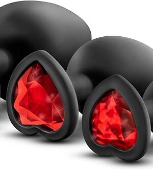 Eden - Bling Anal Plugs - Beginner Training Kit of 3 Sizes Set - Silicone Buttplug - Heart Shaped Base with Ruby Red Gem - Black