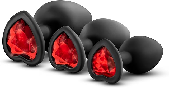 Eden - Bling Anal Plugs - Beginner Training Kit of 3 Sizes Set - Silicone Buttplug - Heart Shaped Base with Ruby Red Gem - Black