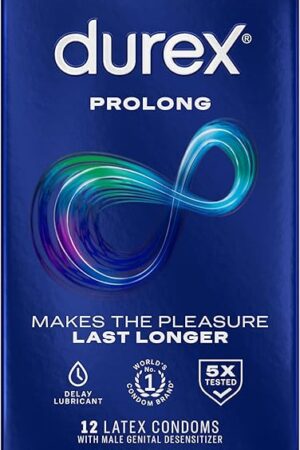 Durex Condom Prolong Natural Latex Condoms, 12 Count - Ultra Fine, Ribbed and Dotted with delay Lubricant, Regular Fit