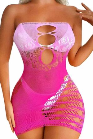 Fishnet Body Stockings Pink Crotchless Bodysuit Sexy See Through Bodystocking Mesh Babydoll Lingerie for Women