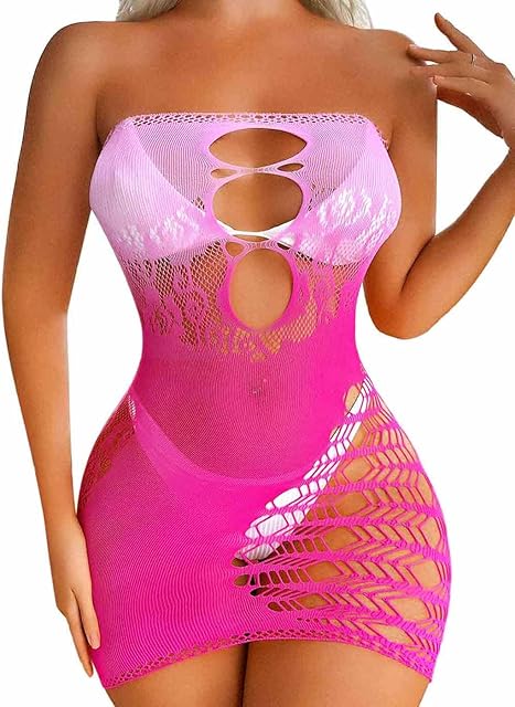 Fishnet Body Stockings Pink Crotchless Bodysuit Sexy See Through Bodystocking Mesh Babydoll Lingerie for Women