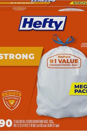 Hefty Strong 13 Gallon Trash Bags, Tall Kitchen Bags, UnscentedLarge Bags with Drawstrings, Durable Closure, Resists Leaks, Punctures, and Tears, White, Unscented, 90 Bags