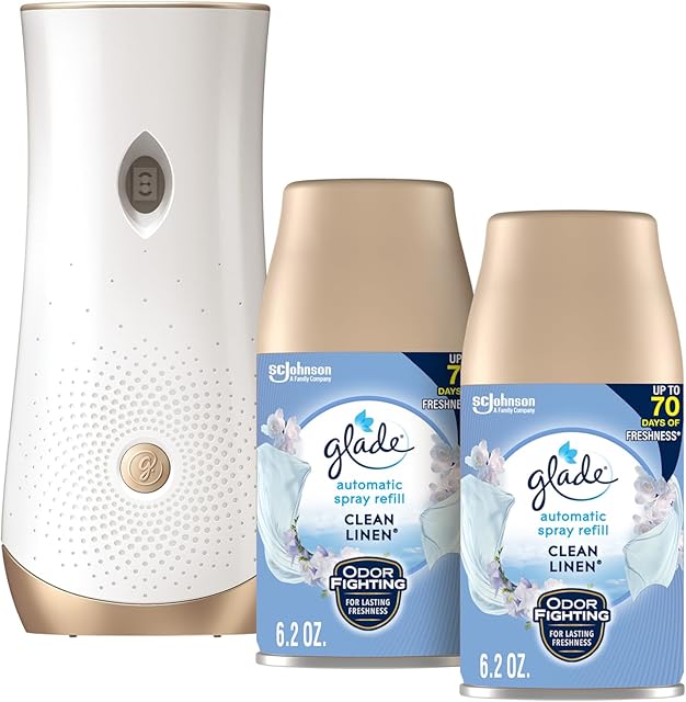 Glade Automatic Spray Refill and Holder Kit, Air Freshener for Home and Bathroom, Clean Linen, 62 Oz, 2 Count