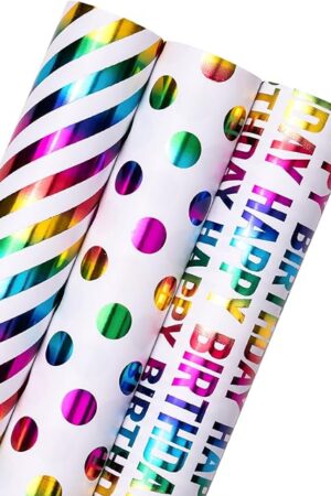 WRAPAHOLIC Birthday Wrapping Paper Roll - Mini Roll - 3 Rolls - 17 inch x 120 inch Per roll - Colorful Foil Birthday Design for Party, Holiday, Baby Shower