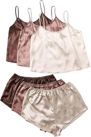 Women's 3 Sets Silk Pajama Set Sleeveless V Neck Crop Cami Top and Shorts Satin Pjs Sleepwear Sets