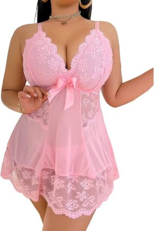 Women's Plus Size Babydoll Lingerie 2 Piece Lace Sheer Chemise Nightgowns Boudoir Outfits