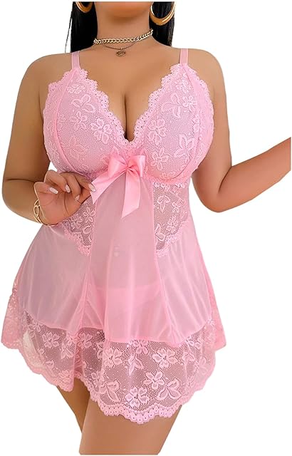 Women's Plus Size Babydoll Lingerie 2 Piece Lace Sheer Chemise Nightgowns Boudoir Outfits