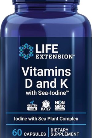 Life Extension Vitamins D and K with Sea-Iodine, vitamin D3, vitamin K1 and K2, iodine, supports immune, bone, arterial and thyroid health, non-GMO, gluten-free, 60 capsules