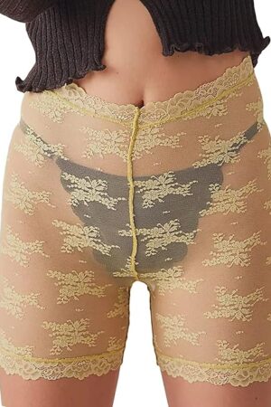 Women's Floral Lace Biker Shorts Sexy See Through Sheer Mesh Anti-Chafing Panty Shorts Underwear