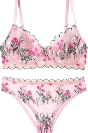 Women's Embroidery Bra Set 2 Pieces Sexy Lace Lingerie Set Mesh Sheer Bra with Thong