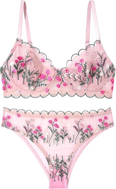 Women's Embroidery Bra Set 2 Pieces Sexy Lace Lingerie Set Mesh Sheer Bra with Thong