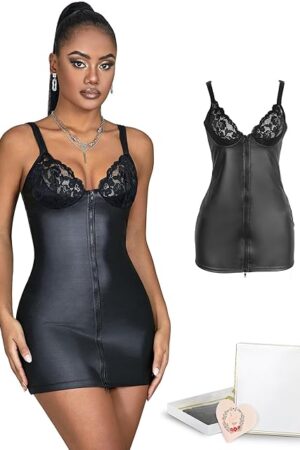 Women Faux Leather Lingerie Babydoll Sexy Sleeveless Mini Dress Lace V Neck Babycon