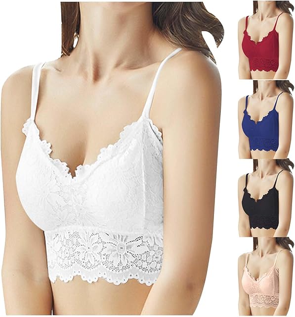 Women Lace Camisole with Built in Bra Sleeveless Scalloped Trim Padded Bralette Sexy V-Neck Undershirt Crop Tank Tops