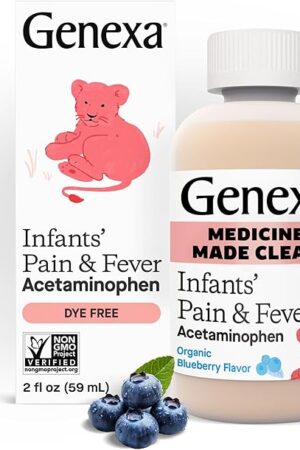 Genexa Infants' Pain Reliever & Fever Reducer | Infant Acetaminophen Dye Free, 0% Artificial Additives | Baby Sick Essentials & Infant Medicine | Delicious Organic Blueberry Flavor, 2 fl oz