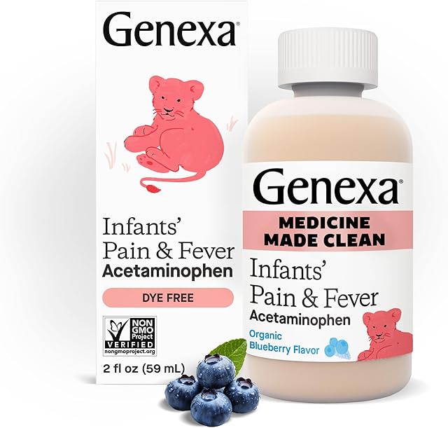 Genexa Infants' Pain Reliever & Fever Reducer | Infant Acetaminophen Dye Free, 0% Artificial Additives | Baby Sick Essentials & Infant Medicine | Delicious Organic Blueberry Flavor, 2 fl oz