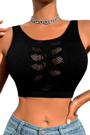 Fishnet Top for Women Sexy Crop Top for Women Y2K Mesh Going Out Tops Lingerie Black XS-L
