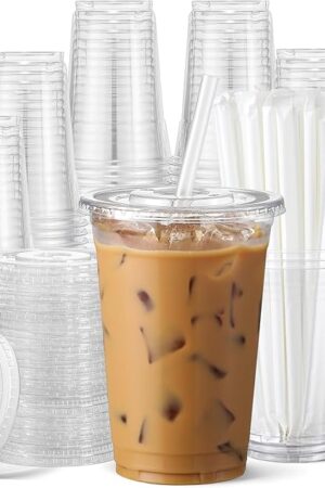 AOZITA 100 Pack 16 oz Clear Plastic Cups with Lids and Straws, Food Safe Disposable Iced Coffee Cups for Cold Beverages, Smoothies, Iced Coffee, Leak-Proof, BPA-Free