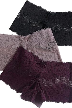 Women's 3 Pack Floral Lace Sheer Hipsters Glitter Bow Tie Boyshort Panties Underwear